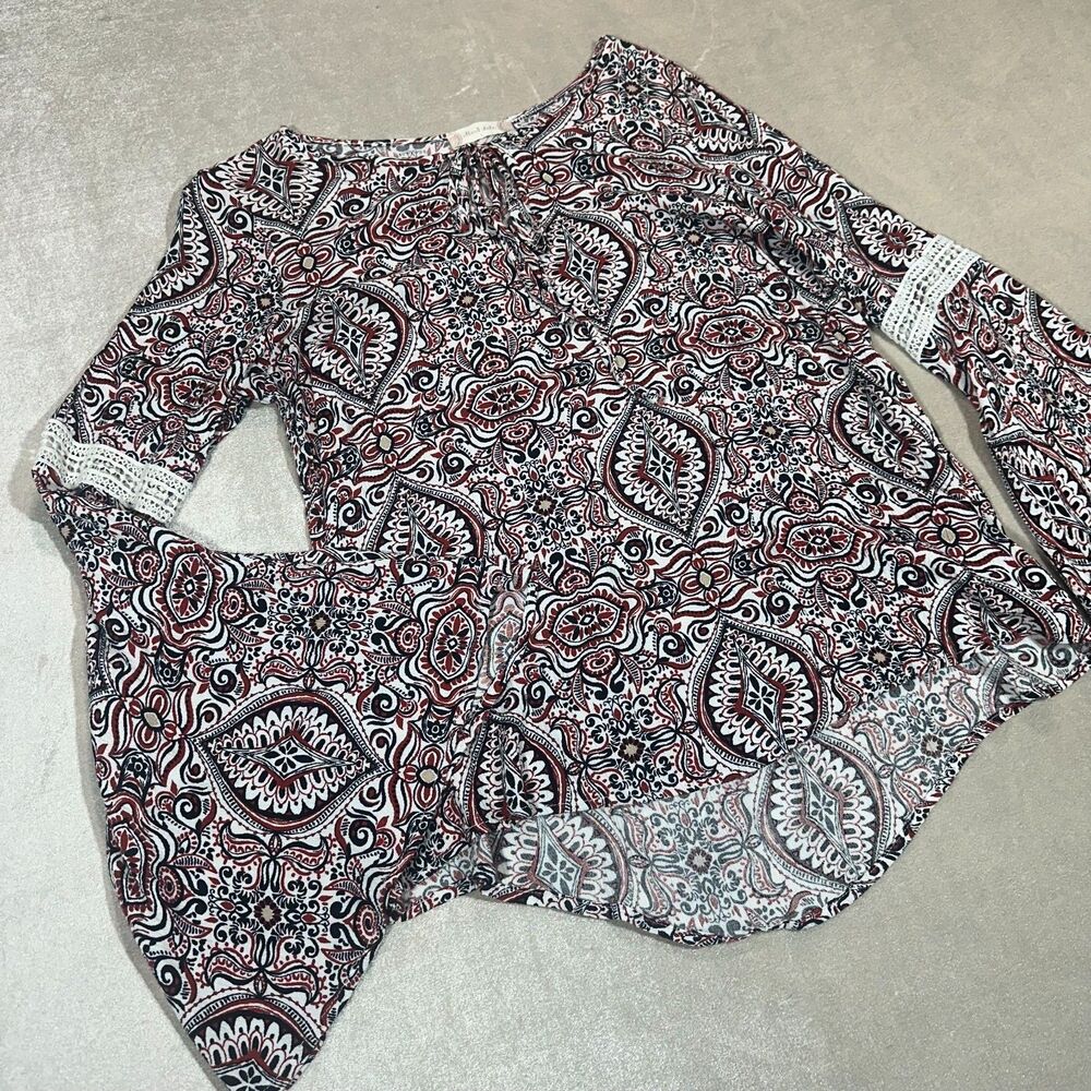 Altar'd State Boho Bell Sleeve Paisley Top Womens Large Tie Peasant Festival